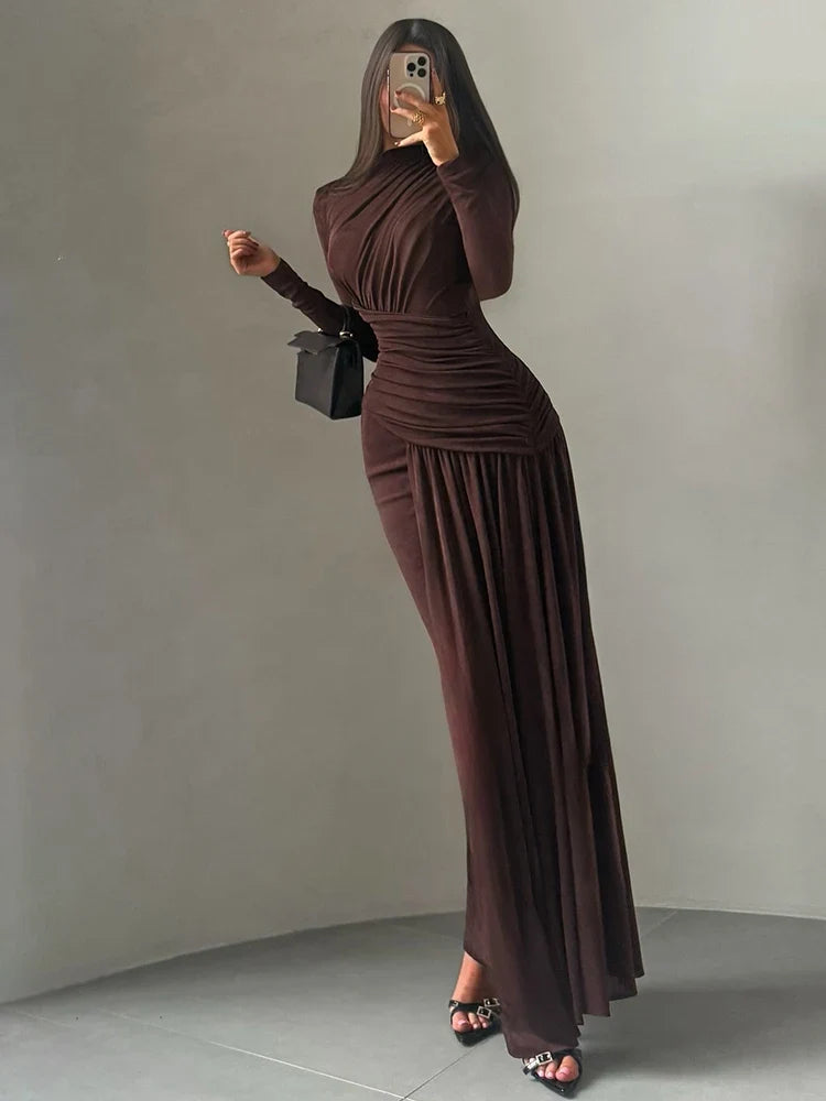 Sisterlinda Folds Maxi Dress Women O-Neck Full Sleeve Solid Banquet Elegant Vacation Fashion Autumn Skinny Casual Simple Vestido
