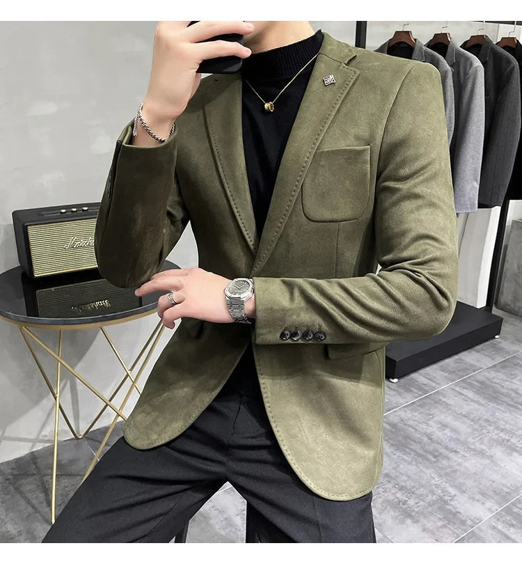 Plus Size 4XL-M Autumn Deerskin Velvet Jackets Blazer 6 Color Men Business Slim Blazers Hommes Casual Wedding Tuxedo Suit Coat