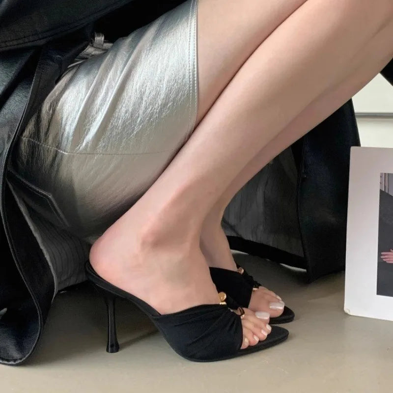 Sexy Pleated Hollow Out Buckle Strap Women Sandals Summer Pointed Toe Thin High Heels Banquet Party Female Shoes