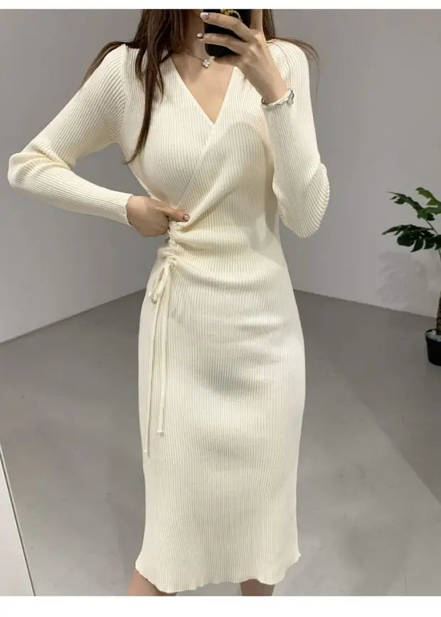 Chic V-ne Knitted Wrap Waist Slimming Mid-length A-line Dr Women's Sweater Dr Korean Sle High Waist Long Sve