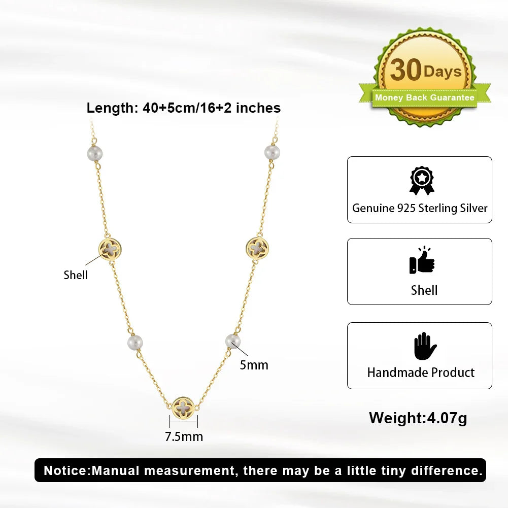 Pure 925 Silver Classic Simple Four-leaf Flower Pendant Necklace Shell Clover Choker Chain Daily Wear Jewelry GMN63