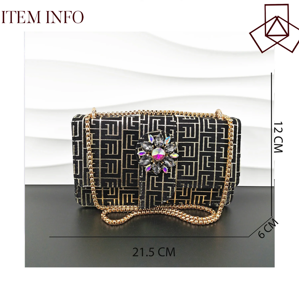 Embossed Style Big Diamond Decoration Classic Black Color Shoes and Bag Set