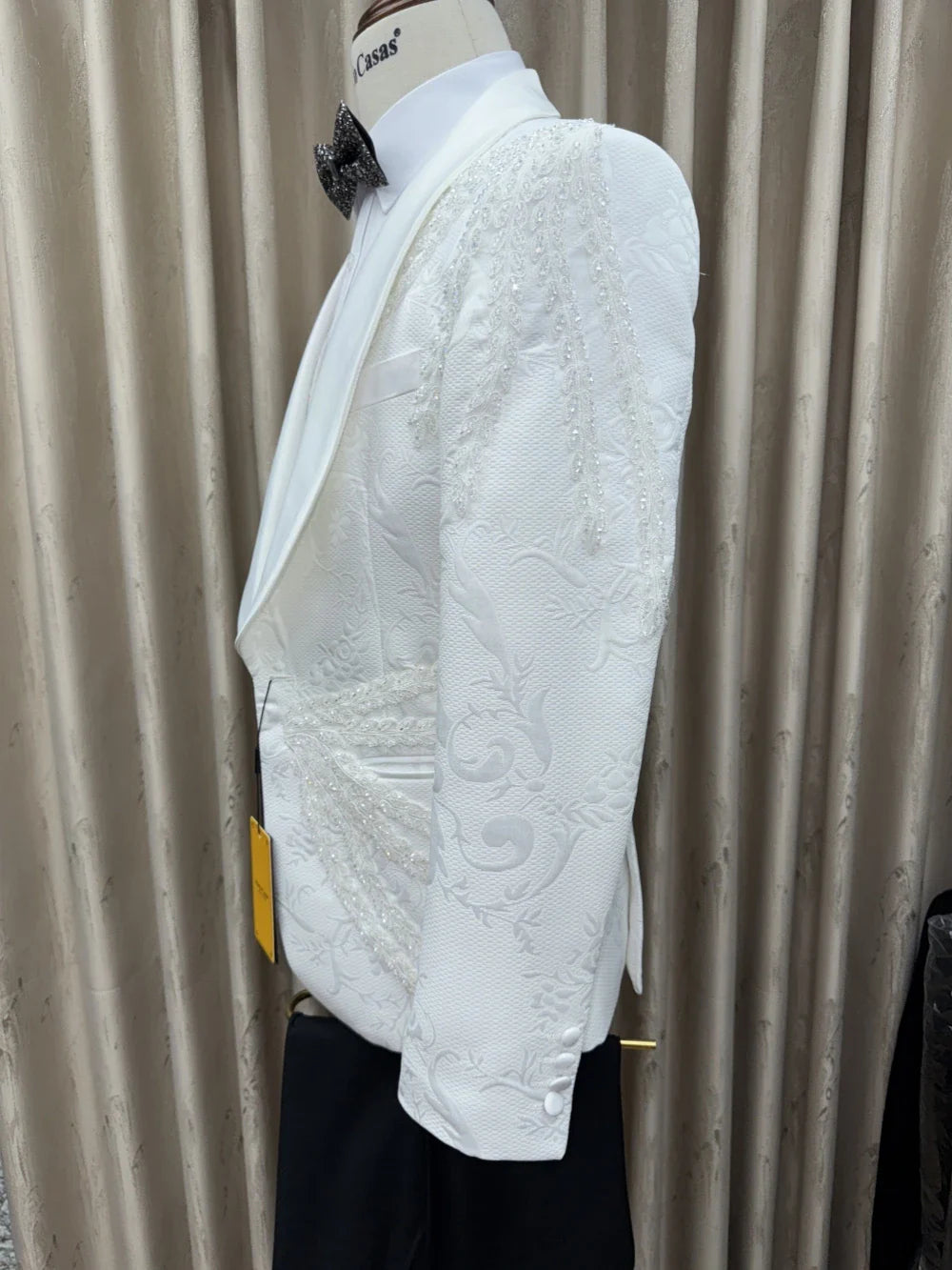 Jacquard White Elegant Beaded Men's Suits 3 Pieces Dancing Wear Plus Size Shawl Lapel Suit Set For Men Autumn Long Sleeve Tuxedo
