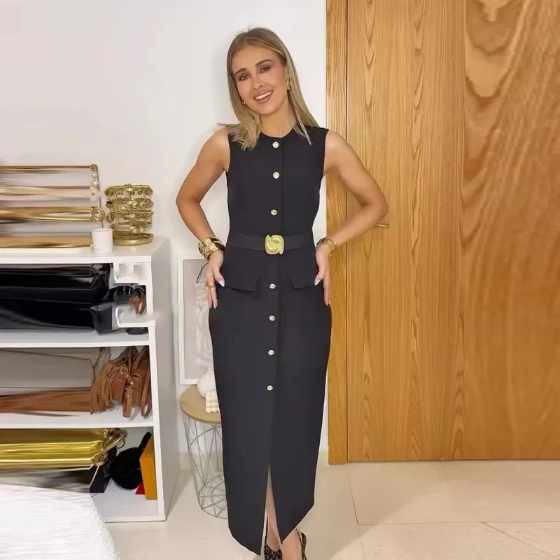2025 Womens Dresses Black Office Long Dresses for Women Spring Sleeveless Midi Dress Woman Belt Button Women's Dress Vest