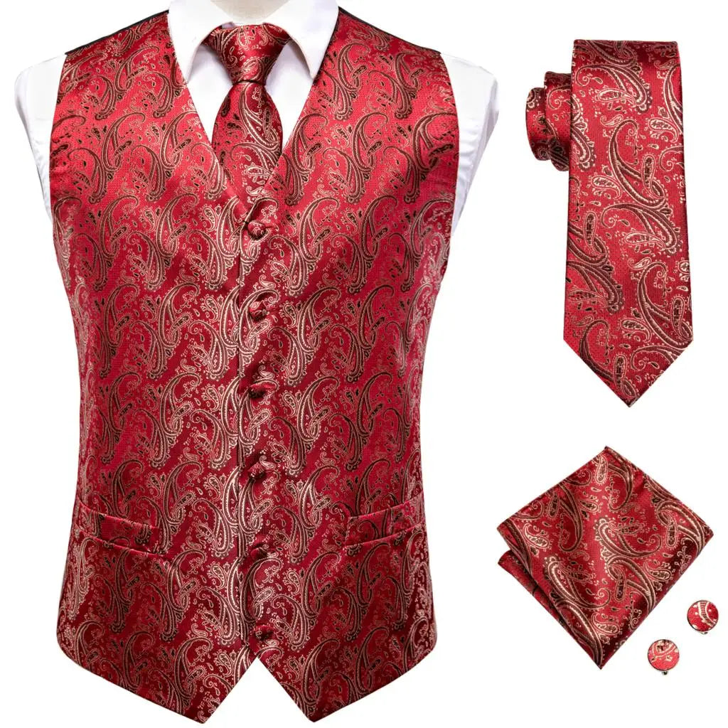 Fashion Silk Vest For Men Classic Gold Champane Yellow Waistcoat Jacket Tie Hankerchief Cufflinks Sets Dress Suit Wedding Hi-Tie