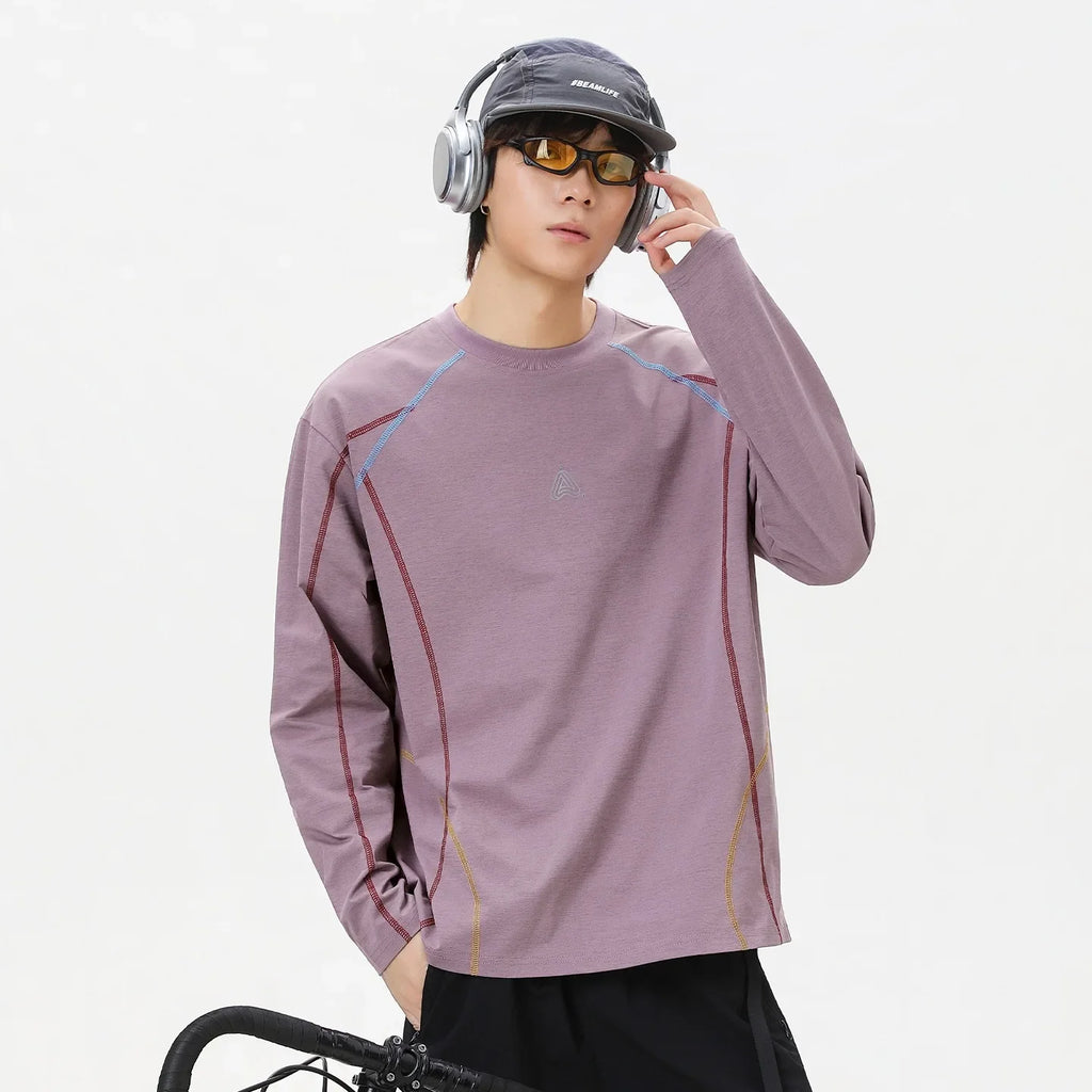 Men's Cool-Touch Contrast Stitch Long Sleeve T-Shirt – Loose Fit Moisture-Wicking Athletic Top for Autumn & Summer Sports