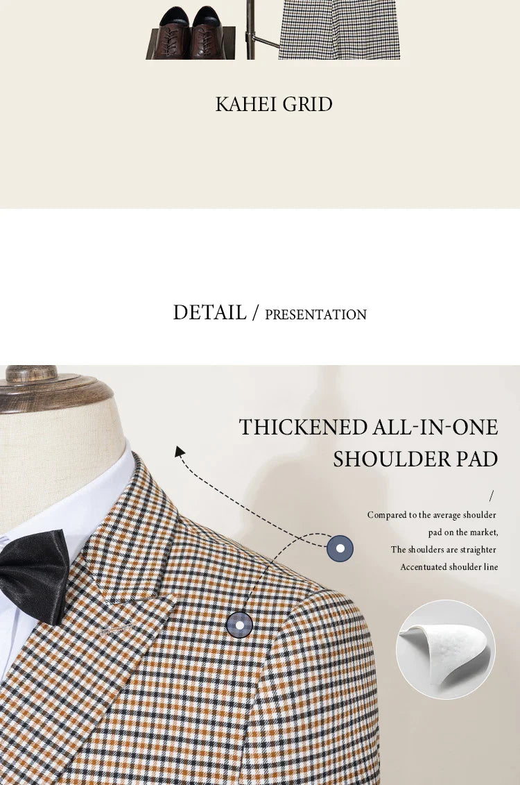 Fashionable Plaid suit High-end Brand Business Slim Fit Casual Party Dress Male Groom Wedding Blazers Double Breasted