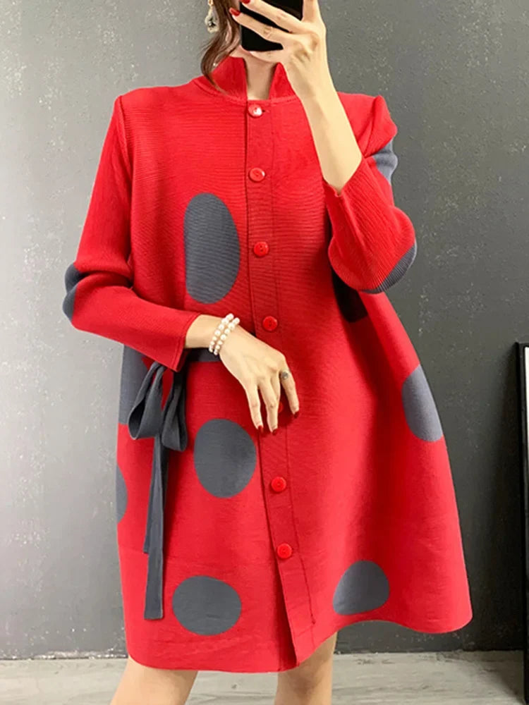 Pleated Dot Printing Dress 2025 Autumn Single Breasted Plus Size Drawstring Elegant Streetwear Festival Women Clothing