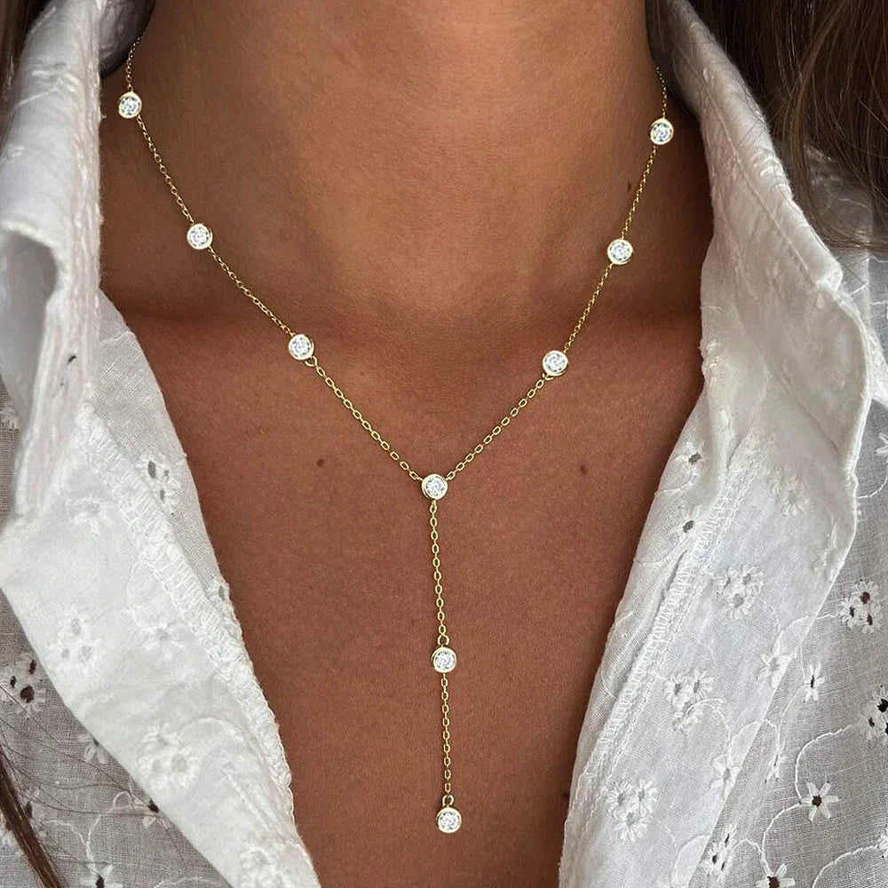 3mm Round Bubble Bezel Set Moissanite Diamond Necklace 925 Sterling Silver Plated 18k Gold Long Tassel Neckchain for Women