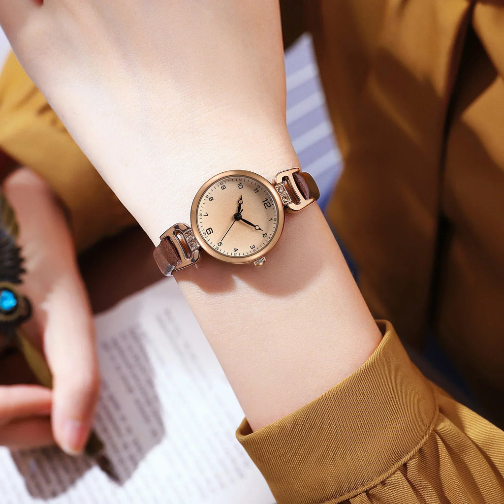 Simple Women's Watches Small Round Ladies Bracelet Watch PU Leather Thin Retro Quartz Wristwatch for Women Girls Gifts