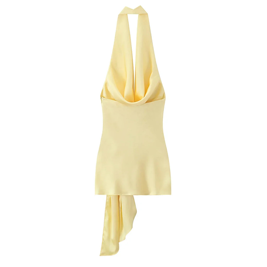 Chic Sexy 2026 Women Mini Dress Fashion Summer Asymmetric Neck-mounted Mini Dress Lace Yellow Sleeveless Female Vestidos