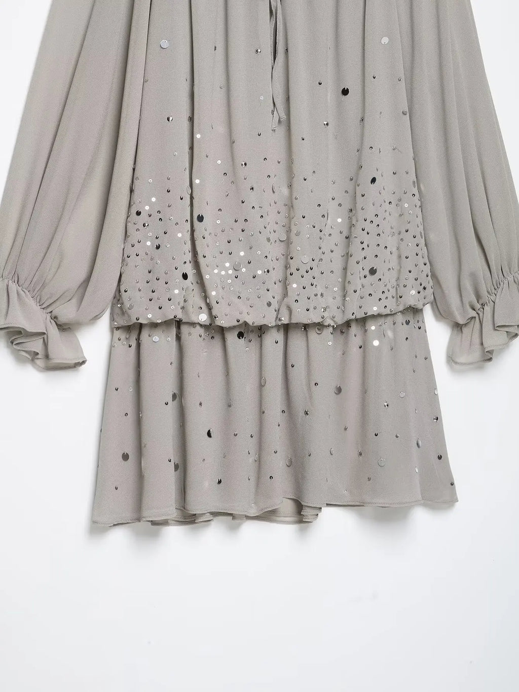 Elegant Summer Women’s Off-Shoulder Sequin Georgette Dress 2026 Female Ruffled Neckline Tiered Long Sleeve Mini Dress