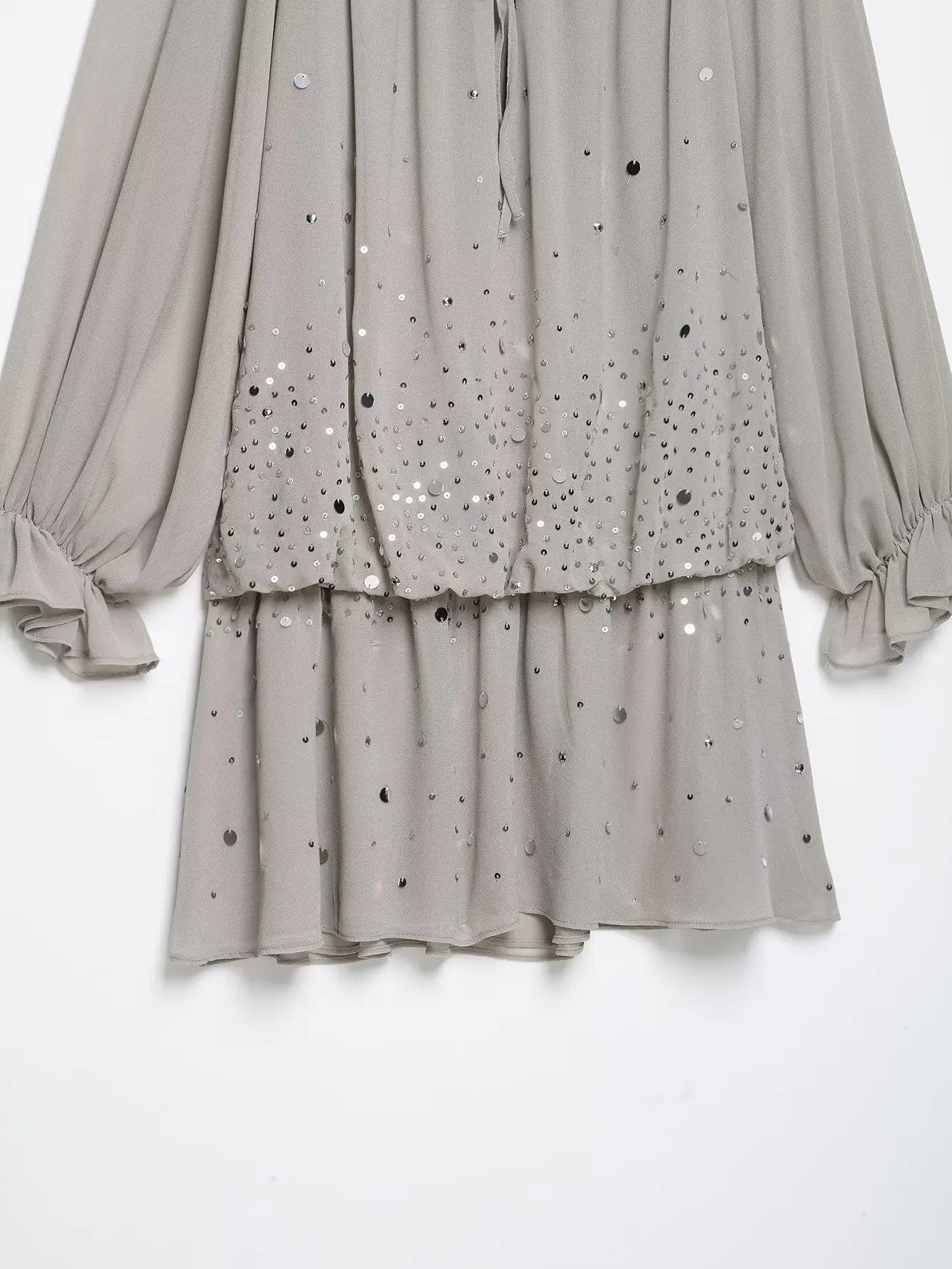 Elegant Summer Women’s Off-Shoulder Sequin Georgette Dress 2026 Female Ruffled Neckline Tiered Long Sleeve Mini Dress