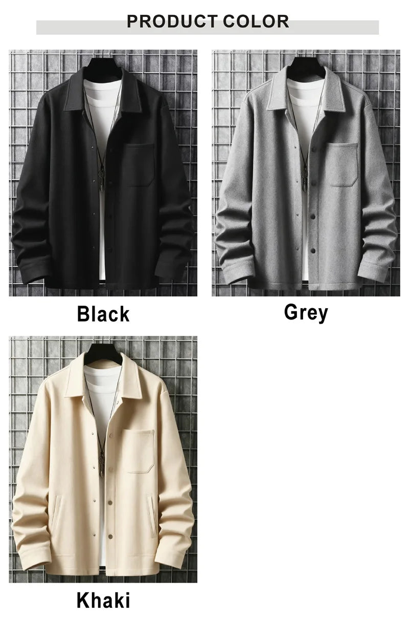 Men's Polyester Brushed Jacket, Lapel Button/Zipper Coat with Pocket, Comfortable Casual Autumn Winter Office Business Wear