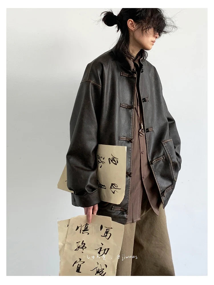 Spring Cool Oversized Vintage Distressed Pu Leather Jacket Men Elegant Luxury Designer Chinese Style Clothes 2024
