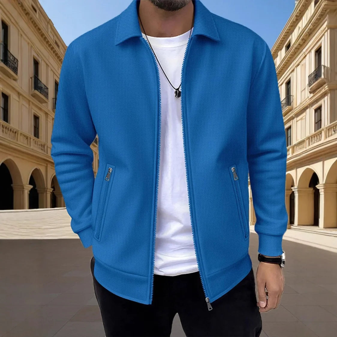 Men's Slim-fit Cardigan Solid-color Lapel Waffle Texture Zipper Pocket Casual Spring/Autumn 2025 Fashion