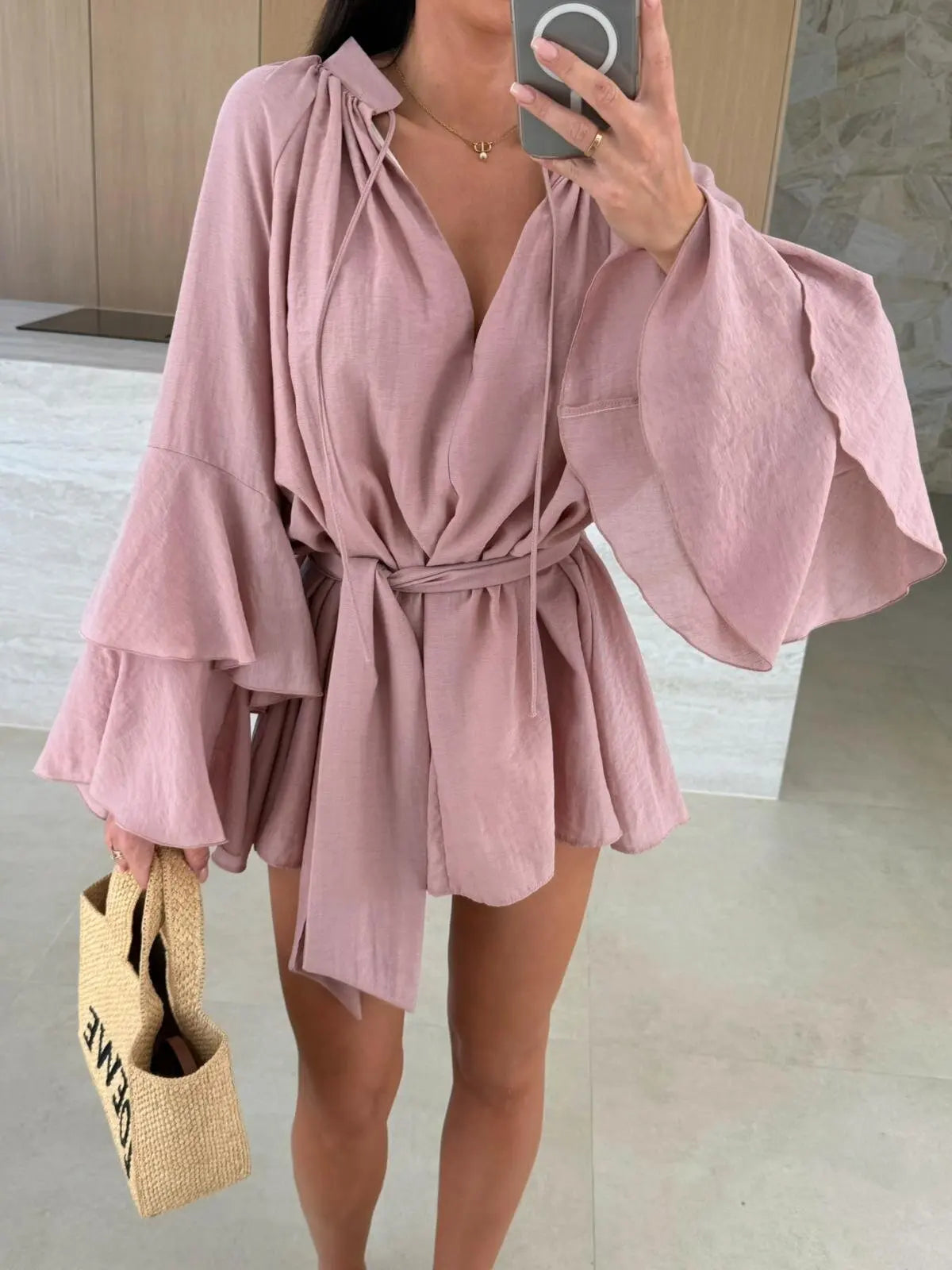 2026 Autumn Ruffle Loose Mini Dress Casual Flare Sleeve Holiday Dresses Sexy Deep V-neck Lace Up Solid Women's Dress Vestidos