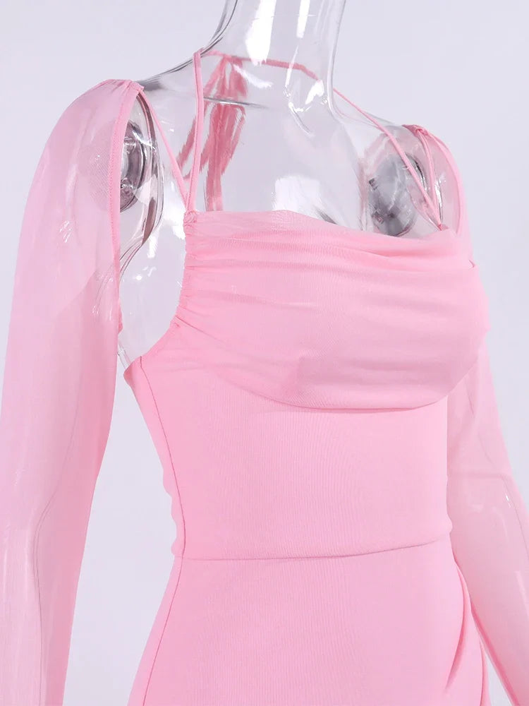 NewAsia Halter Flounce Sleeves Mesh Pink Dress Women Sexy Solid Backless Bandage Mini Vestido Summer Vacation Party Club