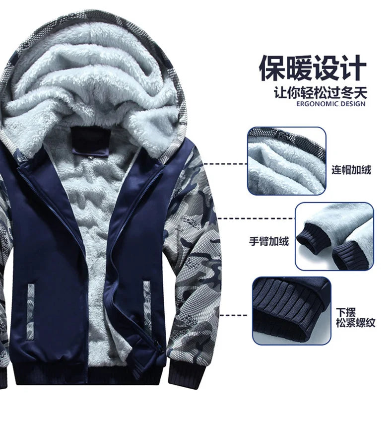 Winter Thick Men Sports Suit Men Tracksuit Hooded Sportswear Zipper Cardigan Hooded Woolen Trousers Pants Casual Men Fleece Set