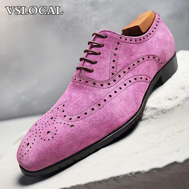 Elegant Men's Oxford Shoe Lace up Suede Leather Purple Pointed Toe Mens Dress Casual Shoes Banquet Wedding Shoes For Man