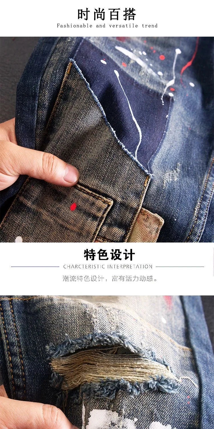 2024 Spring and Autumn New Fashion Trend Printed Straight Leg Stretch Jeans Men's Casual Loose Comfortable High Quality Pants