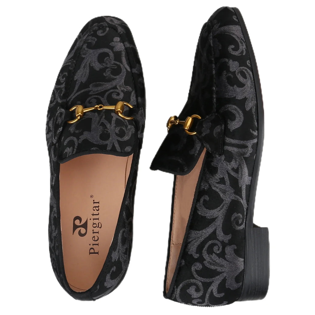 Piergitar Retro Style High-End Custom-Made Baroque Jacquard Velvet Men's Loafers With Horsebit Buckle Slip-On Smoking Shoes