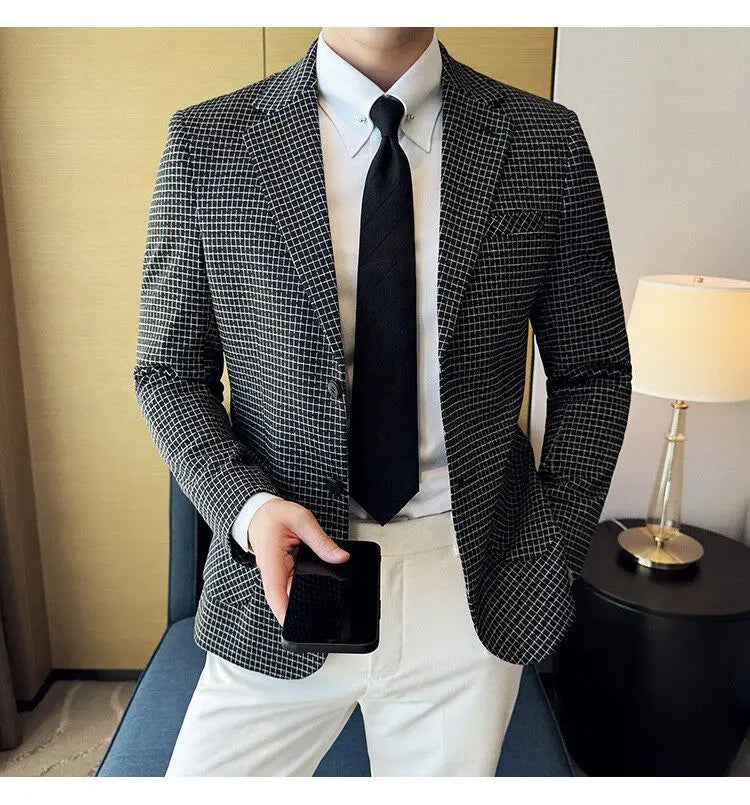 Men's Elegant Grid Suit Jacket 2026 Spring New Fashion Slim Blazer Jackets Social Prom Dress Jacket Men's High Quality Clothing