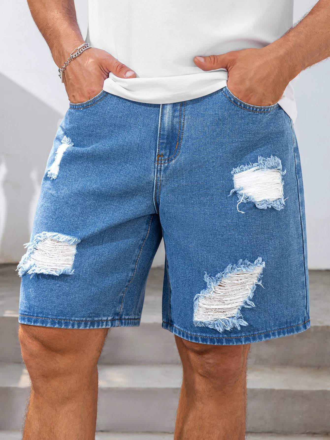 2026 Summer Men's Fashionable Blue Ripped Denim Shorts Loose Fit Non-stretch Fabric BlueWhite Simple Clean Cool Color Men Pants
