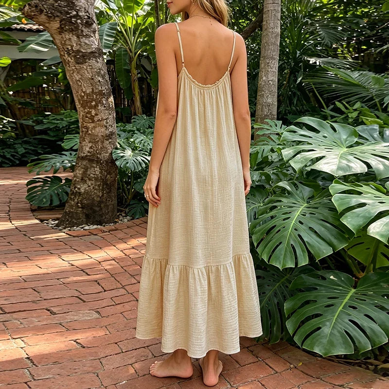 Vintage Muslin 100% Cotton Gauze Summer Dress Women Loose Sexy Sleeveless Ruched Long Maxi Desses Chic Vestidos