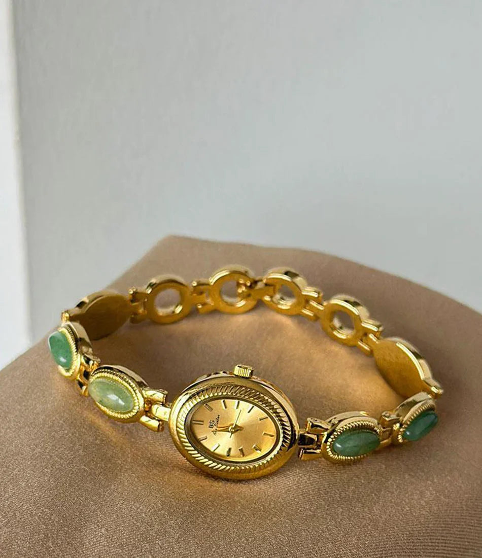 Women's Gold Watch Vintage Brown Jade Bracelet Small Dial Quartz Daily Wear Party Clock Luxury Waterproof Ladies Watches Gifts