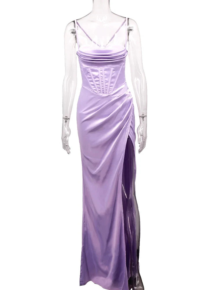 New Summer Prom Dress Women'S Sling Sleeveless Solid Color Dress One Word Neck Slim Fit Open Back Slit Red Sexy Dress