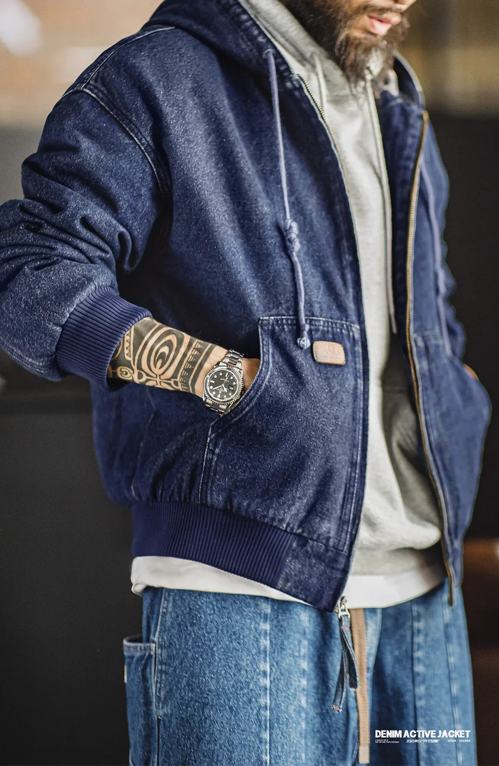 Retro Men's J130 10.5oz Denim Jacket Heavyweight Washed Aged Hooded Jacket Zipper Work Coat with Large Pockets for Fall