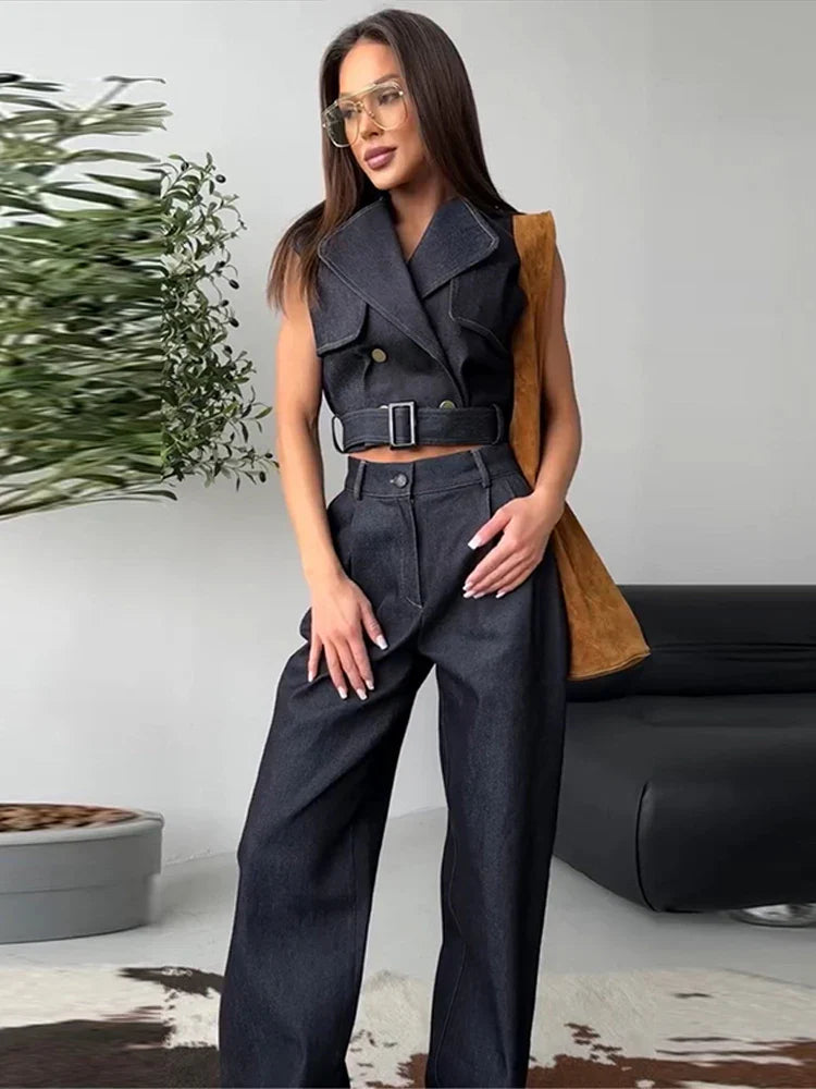 Women Vintage Double-breasted Denim Jeans