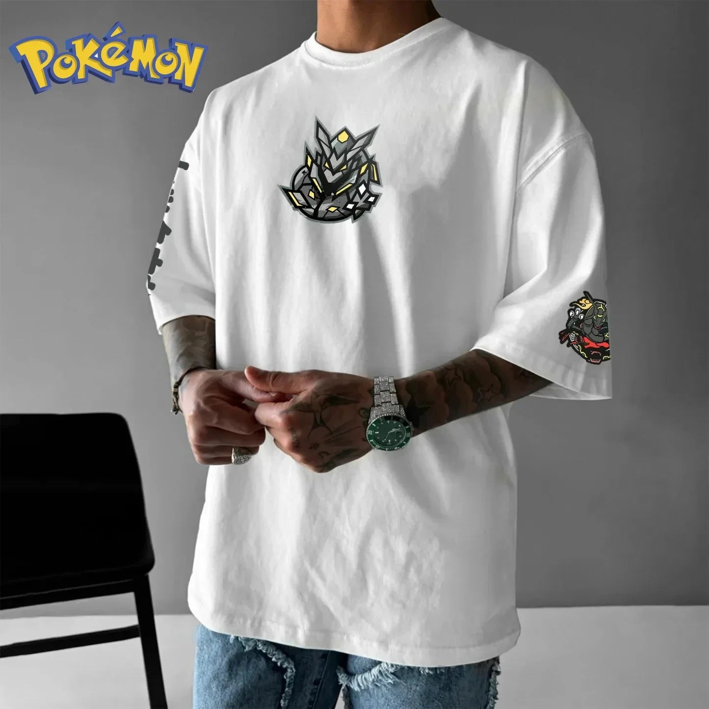 Pokémon Anime Rayquaza Peripheral Printed T-shirt Short Sleeved Men's and Women's Summer New Item Pure Cotton Loose Casual Top