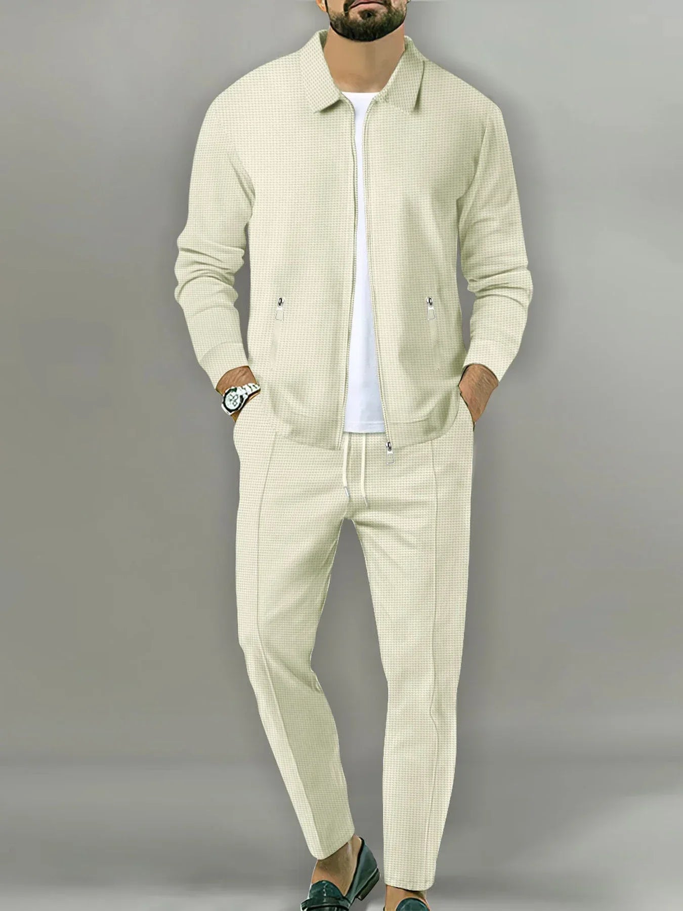 Men's Casual Solid Color Zipper Jacket and Pants Suit - Breathable Polyester Fiber for Spring/Autumn