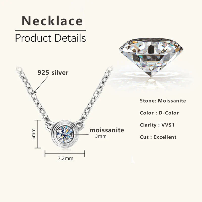 3MM 0.1CT Moissanite Necklace Original 925 Sterling Silver Pendant Necklaces  For Women Delicate Neck Jewellry Gift