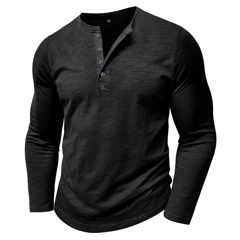 New Autumn Long Sleeve T-Shirt Mens Casual Solid Color Top Henley Neck Slim Versatile Work T-shirt Breathable Outdoor Thin Tee