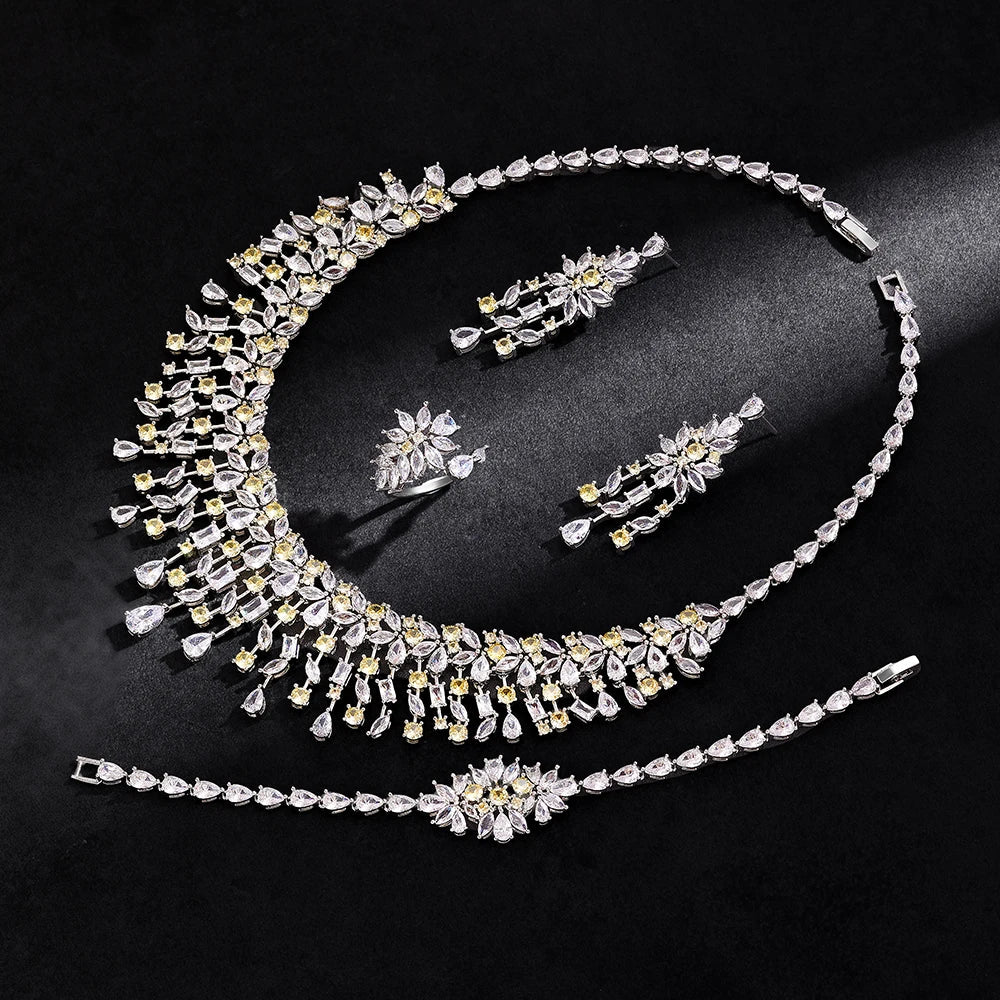 2024 New 4-piece Bride Zirconia Women's Party Jewelry Set, Deluxe Dubai Nigeria CZ Crystal Wedding Necklace Set