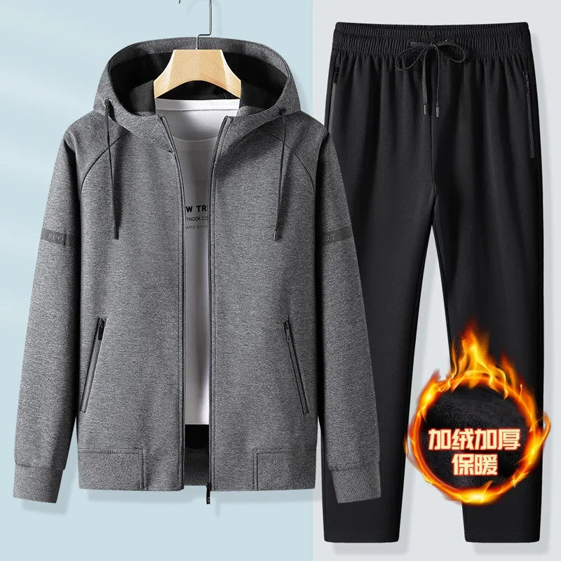 Thicker Fleece Jacket+Pants 2 Pieces Men Winter Tracksuit Sets Black Red Gray Sets Hoodies Casual Hooded Warm Sweatshirts+Pants