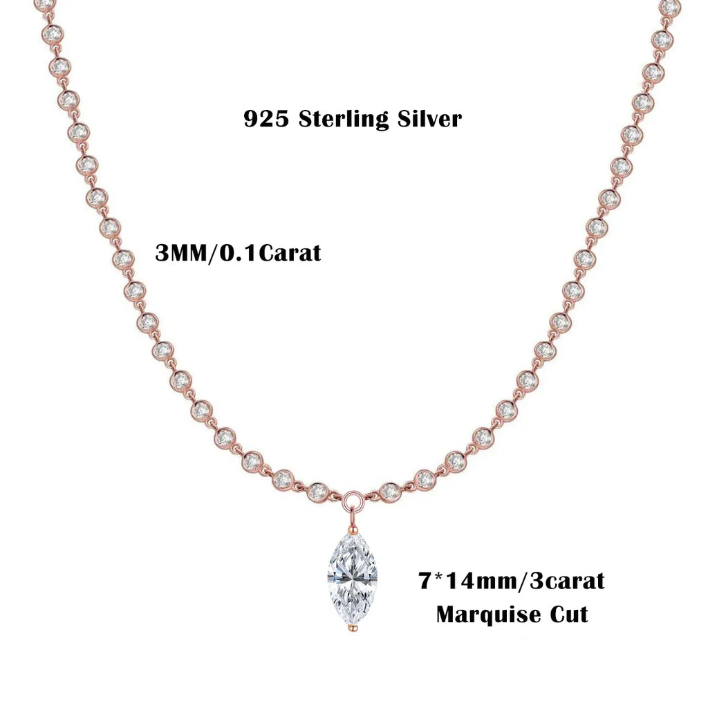 3MM Round Bubble Moissanite Diamond Tennis Neclace With 3carat Marquise Cut Pendant Neck Chain For Women 925 Silver Fine Jewelry