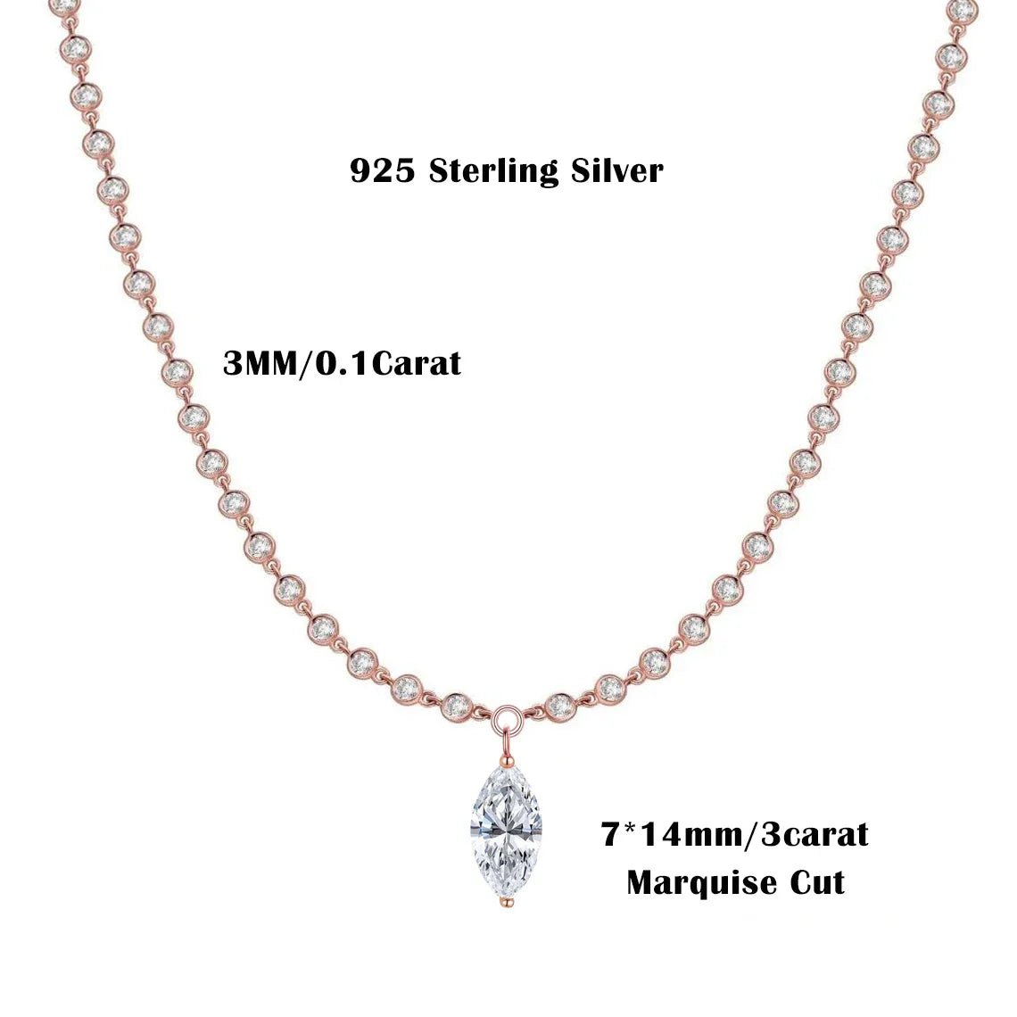 3MM Round Bubble Moissanite Diamond Tennis Neclace With 3carat Marquise Cut Pendant Neck Chain For Women 925 Silver Fine Jewelry