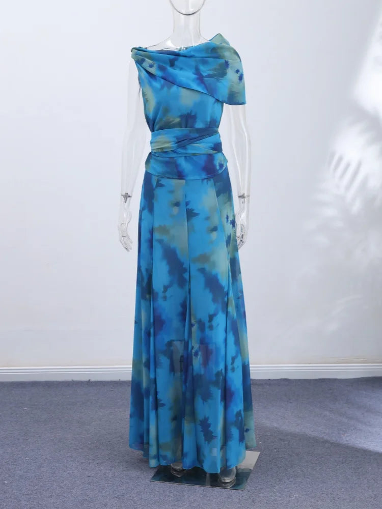 Women's Elegant Blue Watercolor Print Maxi Dress Sleeveless Cowl Neck Satin Formal Evening Gown A-line Floor Length Party Dress