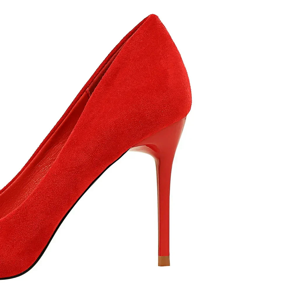 Women 9cm High Heels Pumps Stripper Flock Suede Plus Size Escarpins Lady Wedding Bridal Heels Escarpins Green Blue Yellow Shoes