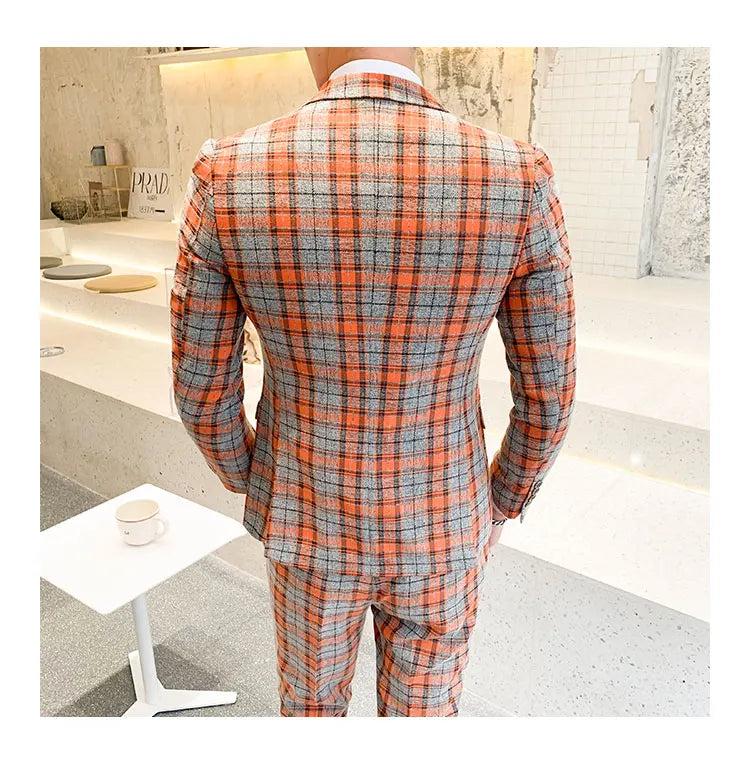( Jackets + Vest + Pants ) New Fashion Boutique Plaid Mens Casual Business Suit Groom Wedding Dress Suit 3pces Set Male Blazer