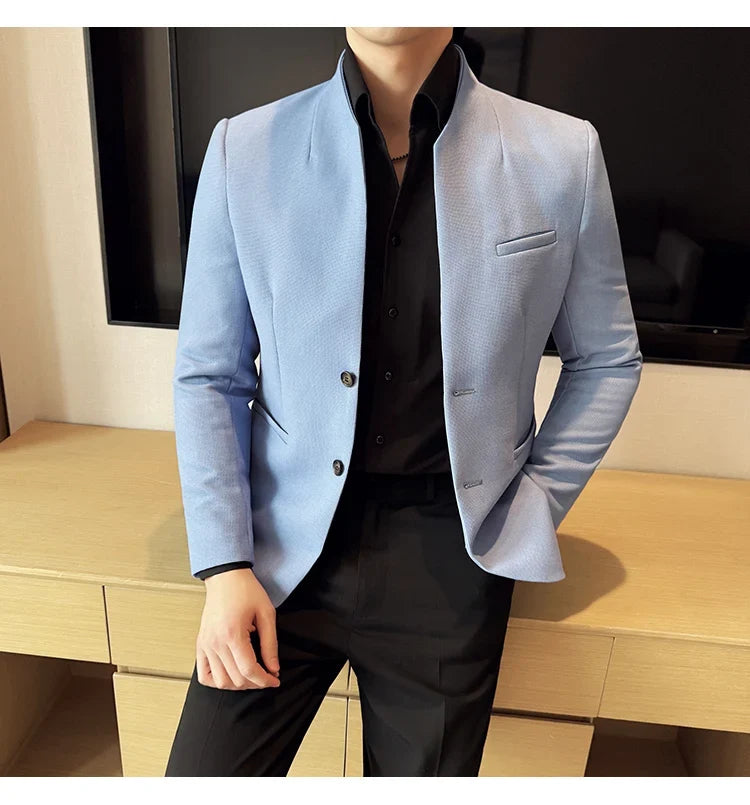 Waffle New Chinese Stand-Up Collar Suit Coats Men Slim Fit Business Casual Fashion Suits Jacket Formal Social Prom Party Tuxedos