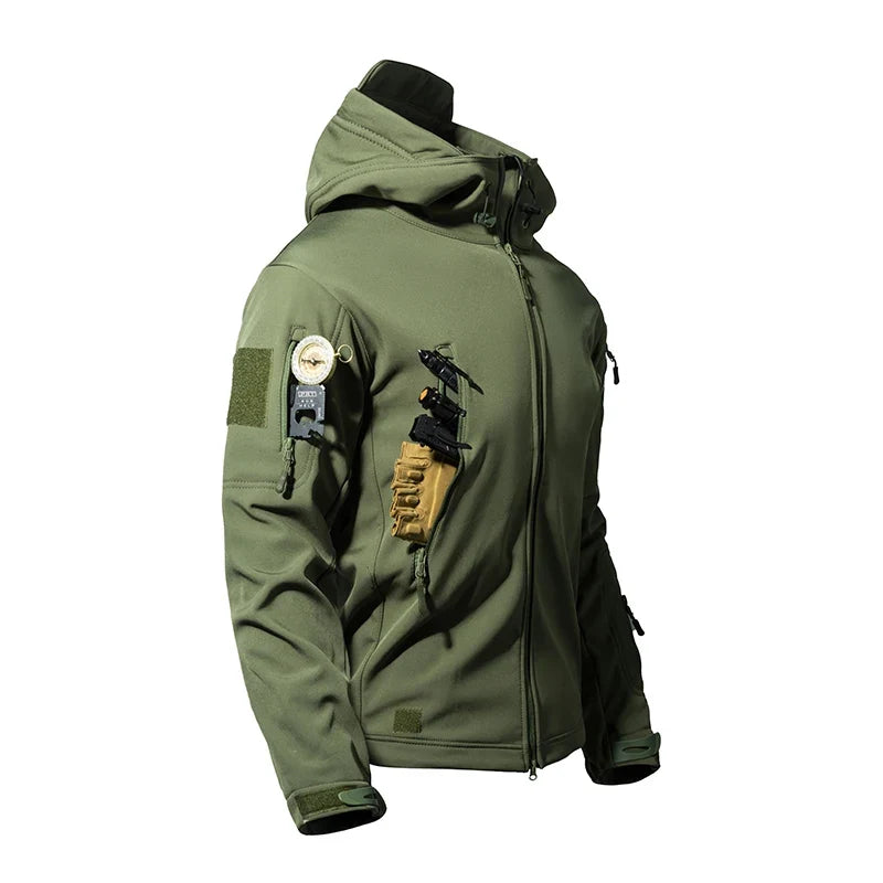 Mens Winter Autumn Warm Cargo Fleece Jackets Sharkskin Military Hood Windproof Outdoor Coats Hiking Camping Climbing Tactical