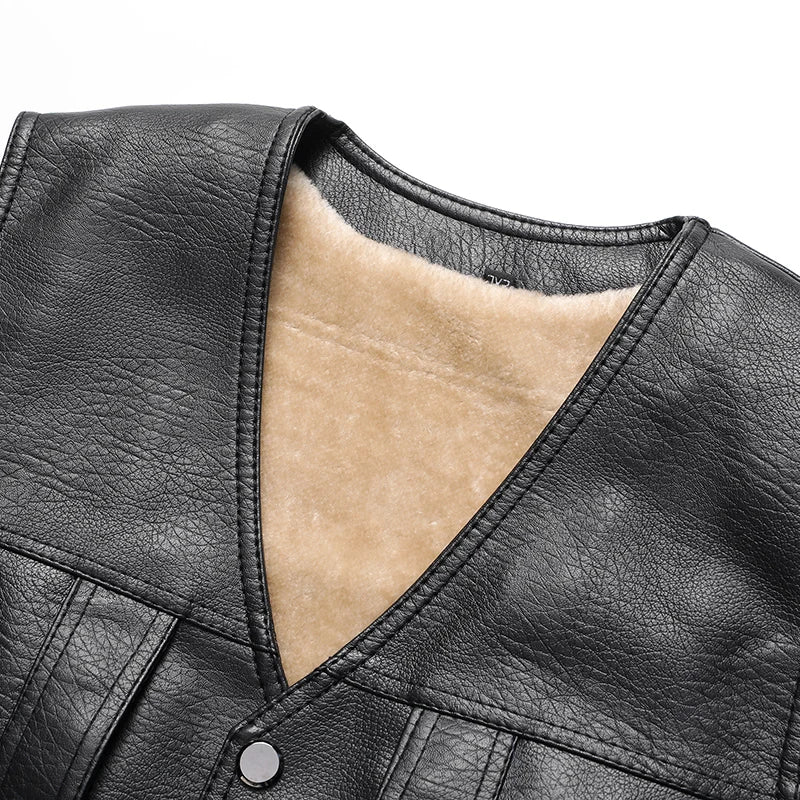 2024 Winter Men Thick Warm Fleece Leather Vest Coat  Male V-Neck Single Breasted Vest Casual Male Clothing Outerwear