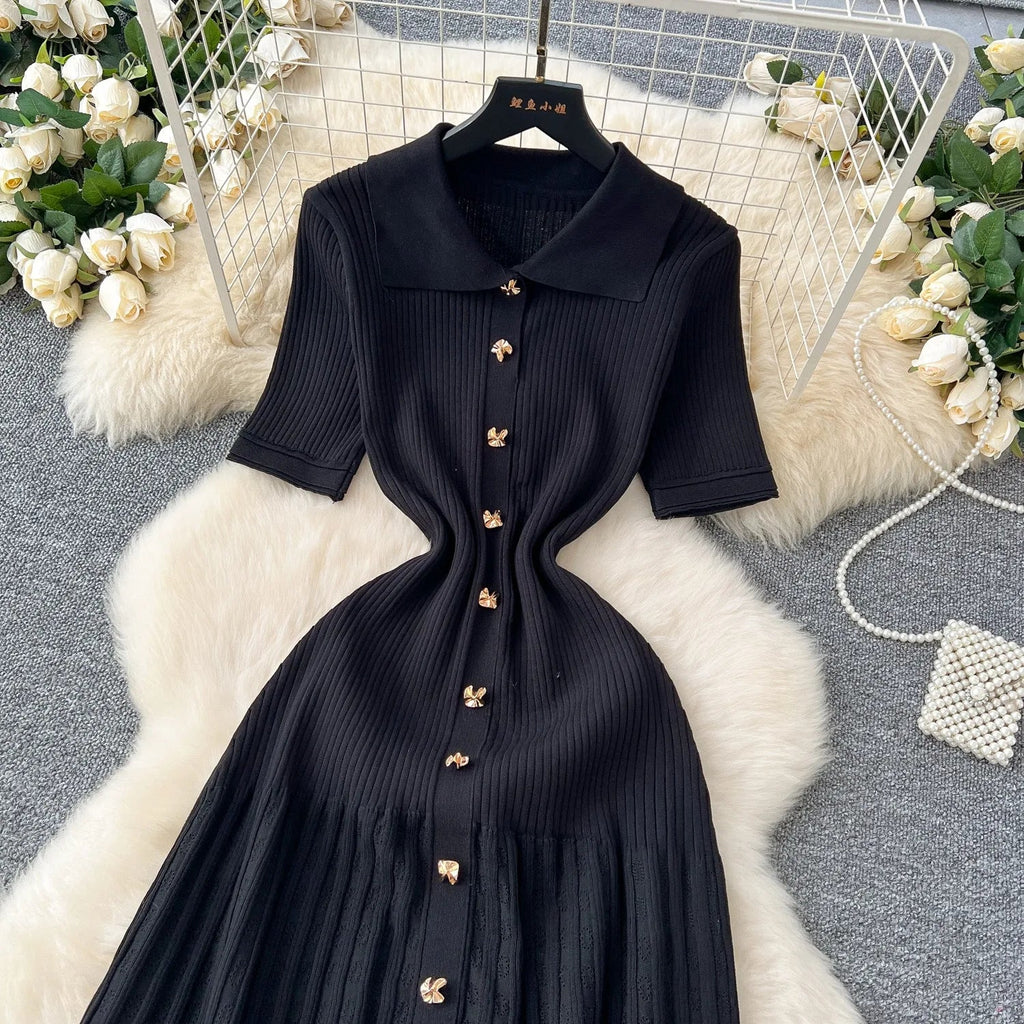 Chic Fashion Elegant Patchwork Knitted Maxi Dress 2025 Summer Lady Turn-down Collar Shirt Sweater Dress Party Vestidos