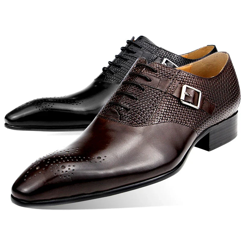 Mens Formal Genuine Leather Shoes Fashion Zapato Social Male Wedding Dress Loafer Weave Printing Lace-up Daily Brogue Shoes