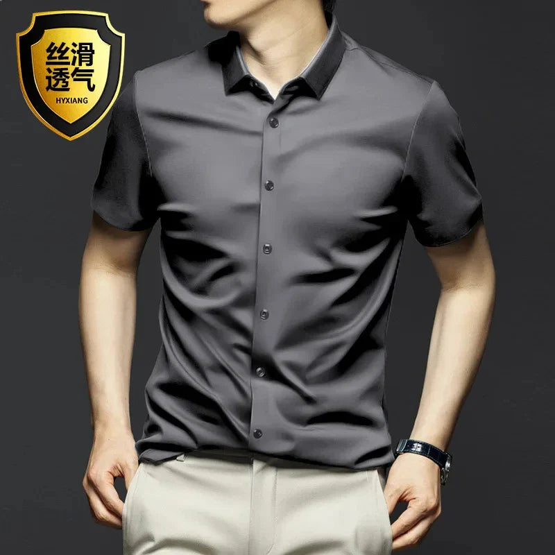 New Spring Summer Men's Shirt Non-Ironing Anti-Wrinkle Business Casual Solid Color Smooth Business Short Sleeves Work Shirt 5XL